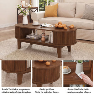 Ovale | Table basse en bois ovale avec rangement caché, finition noyer cannelée