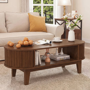 Ovale | Table basse en bois ovale avec rangement caché, finition noyer cannelée