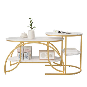 Duo Élégance | Table basse effet marbre à étagère, piétement doré