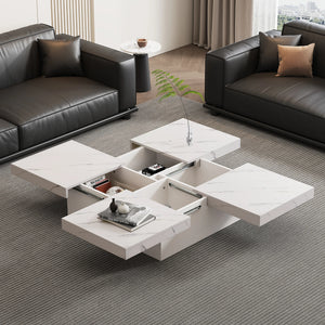 Quatuor | Table basse carrée effet marbre blanc, 4 tiroirs, plateau coulissant, 90x90x25 cm