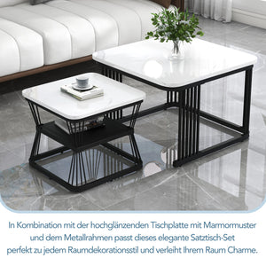 Bianco | Duo de tables basses gigognes effet marbre blanc, piétement acier noir