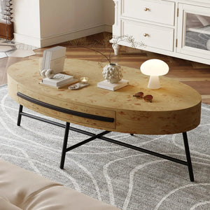 Ellipse | Table basse ovale en bois avec tiroir, pieds croisés en métal