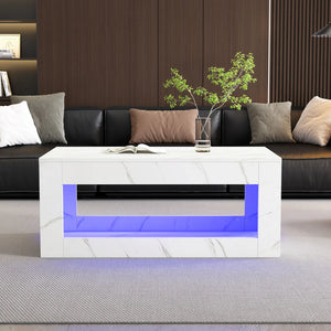 Éclat | Table basse effet marbre blanc avec bande LED USB, 100x50x50 cm