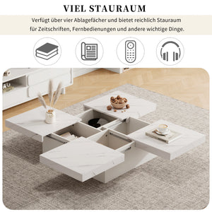 Quatuor | Table basse carrée effet marbre blanc, 4 tiroirs, plateau coulissant, 90x90x25 cm