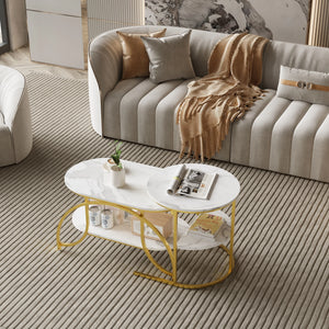 Duo Élégance | Table basse effet marbre à étagère, piétement doré