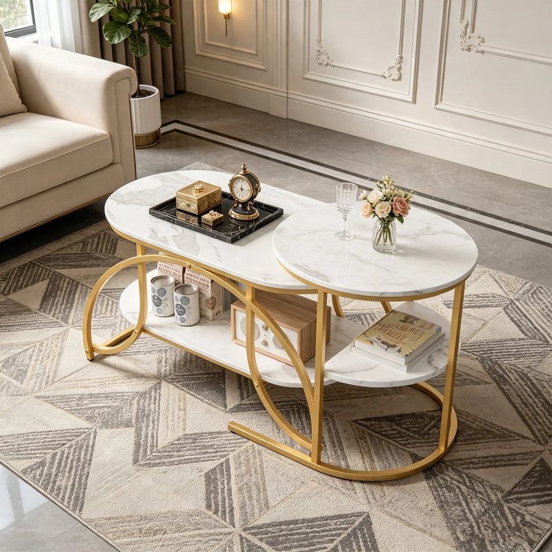 Riviera | Duo de tables basses effet marbre blanc, pieds dorés, avec rangement