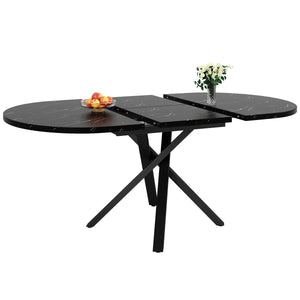 Vénitienne | Table de salle à manger ronde extensible, plateau effet marbre, piétement acier noir en X