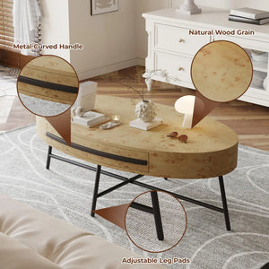 Ellipse | Table basse ovale en bois avec tiroir, pieds croisés en métal