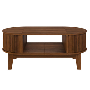 Ovale | Table basse en bois ovale avec rangement caché, finition noyer cannelée