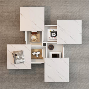 Quatuor | Table basse carrée effet marbre blanc, 4 tiroirs, plateau coulissant, 90x90x25 cm