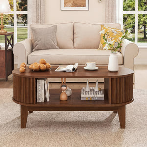 Ovale | Table basse en bois ovale avec rangement caché, finition noyer cannelée