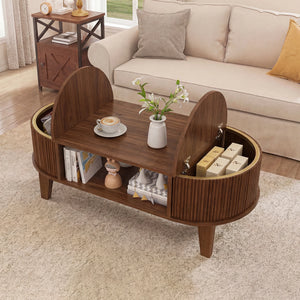 Ovale | Table basse en bois ovale avec rangement caché, finition noyer cannelée