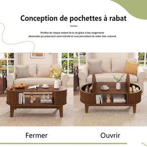 Ovale | Table basse en bois ovale avec rangement caché, finition noyer cannelée