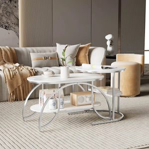 Duo Élégance | Table basse effet marbre à étagère, piétement doré