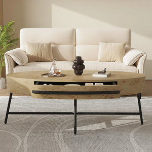 Ellipse | Table basse ovale en bois avec tiroir, pieds croisés en métal