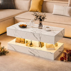 Duplex | Table basse effet marbre à deux niveaux, 2 tiroirs coulissants, 100x50x45 cm