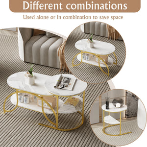 Duo Élégance | Table basse effet marbre à étagère, piétement doré