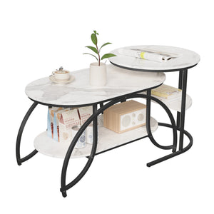 Duo Élégance | Table basse effet marbre à étagère, piétement doré