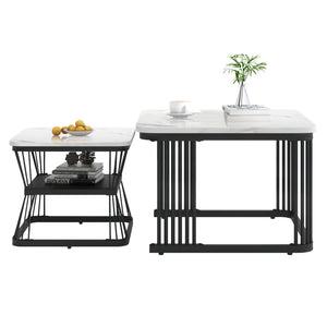 Bianco | Duo de tables basses gigognes effet marbre blanc, piétement acier noir
