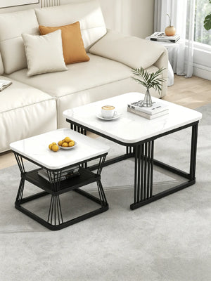 Bianco | Duo de tables basses gigognes effet marbre blanc, piétement acier noir