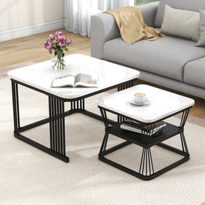 Bianco | Duo de tables basses gigognes effet marbre blanc, piétement acier noir