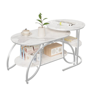 Duo Élégance | Table basse effet marbre à étagère, piétement doré