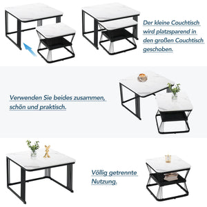 Bianco | Duo de tables basses gigognes effet marbre blanc, piétement acier noir