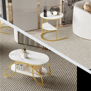 Duo Élégance | Table basse effet marbre à étagère, piétement doré