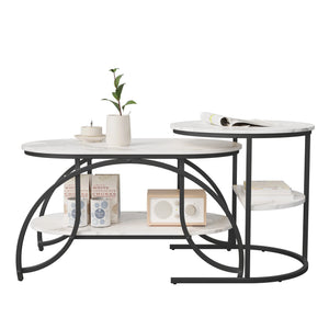 Duo Élégance | Table basse effet marbre à étagère, piétement doré