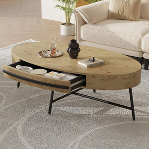 Ellipse | Table basse ovale en bois avec tiroir, pieds croisés en métal