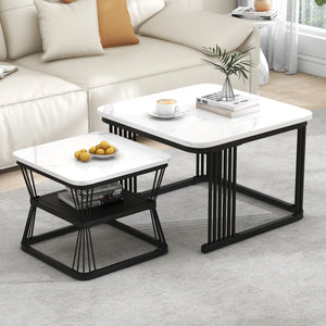 Bianco | Duo de tables basses gigognes effet marbre blanc, piétement acier noir