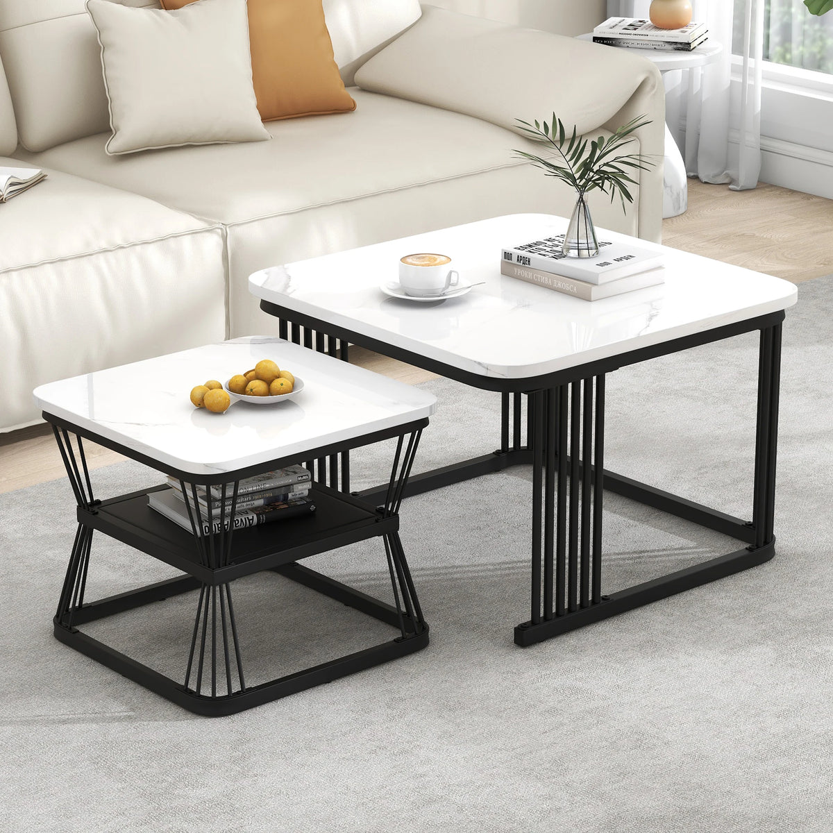 Bianco | Duo de tables basses gigognes effet marbre blanc, piétement acier noir
