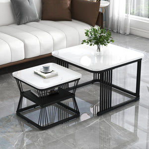 Bianco | Duo de tables basses gigognes effet marbre blanc, piétement acier noir