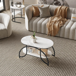 Duo Élégance | Table basse effet marbre à étagère, piétement doré