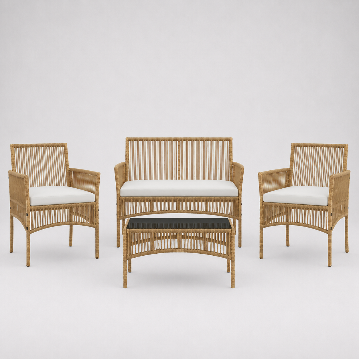 Ambre | Salon de jardin 4 pièces en résine tressée avec table basse en verre