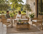 Ambre | Salon de jardin 4 pièces en résine tressée avec table basse en verre