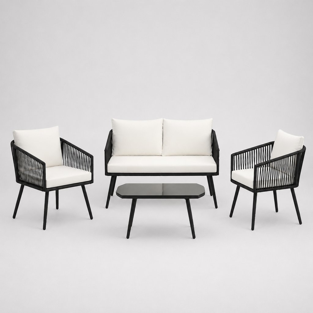 Ivoire | Salon de jardin 4 pièces en corde PE blanche avec table basse en verre
