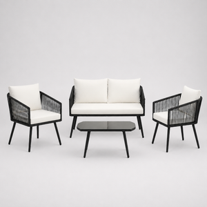 Ivoire - Salon de jardin corde PE blanche avec table basse en verre