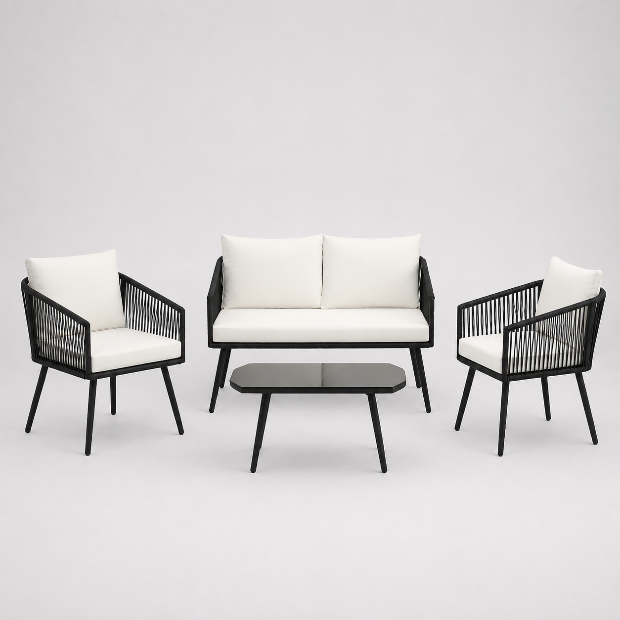 Ivoire | Salon de jardin 4 pièces en corde PE blanche avec table basse en verre