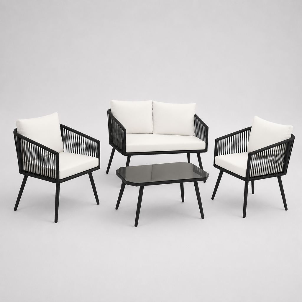 Ivoire | Salon de jardin 4 pièces en corde PE blanche avec table basse en verre