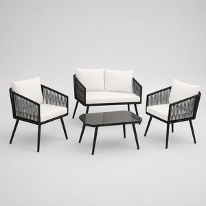 Ivoire - Salon de jardin corde PE blanche avec table basse en verre