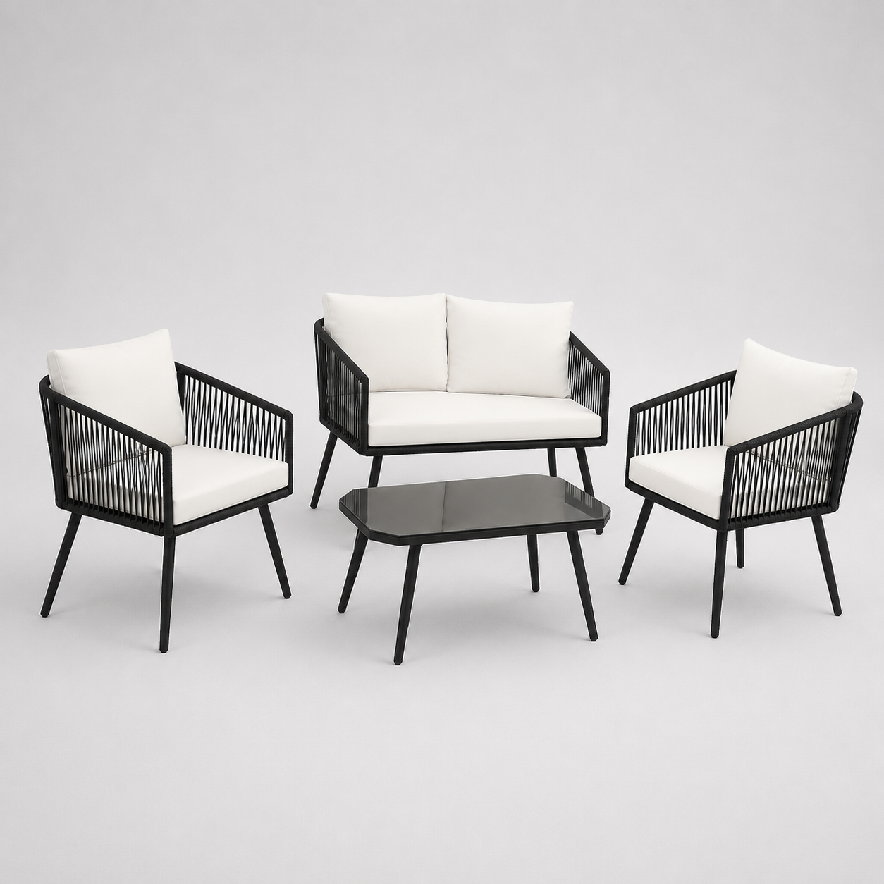 Ivoire | Salon de jardin 4 pièces en corde PE blanche avec table basse en verre