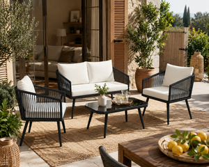 Ivoire - Salon de jardin corde PE blanche avec table basse en verre