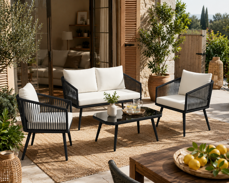 Ivoire - Salon de jardin corde PE blanche avec table basse en verre