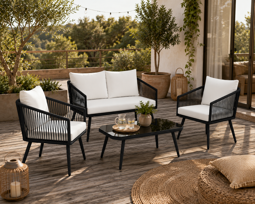 Ivoire | Salon de jardin 4 pièces en corde PE blanche avec table basse en verre