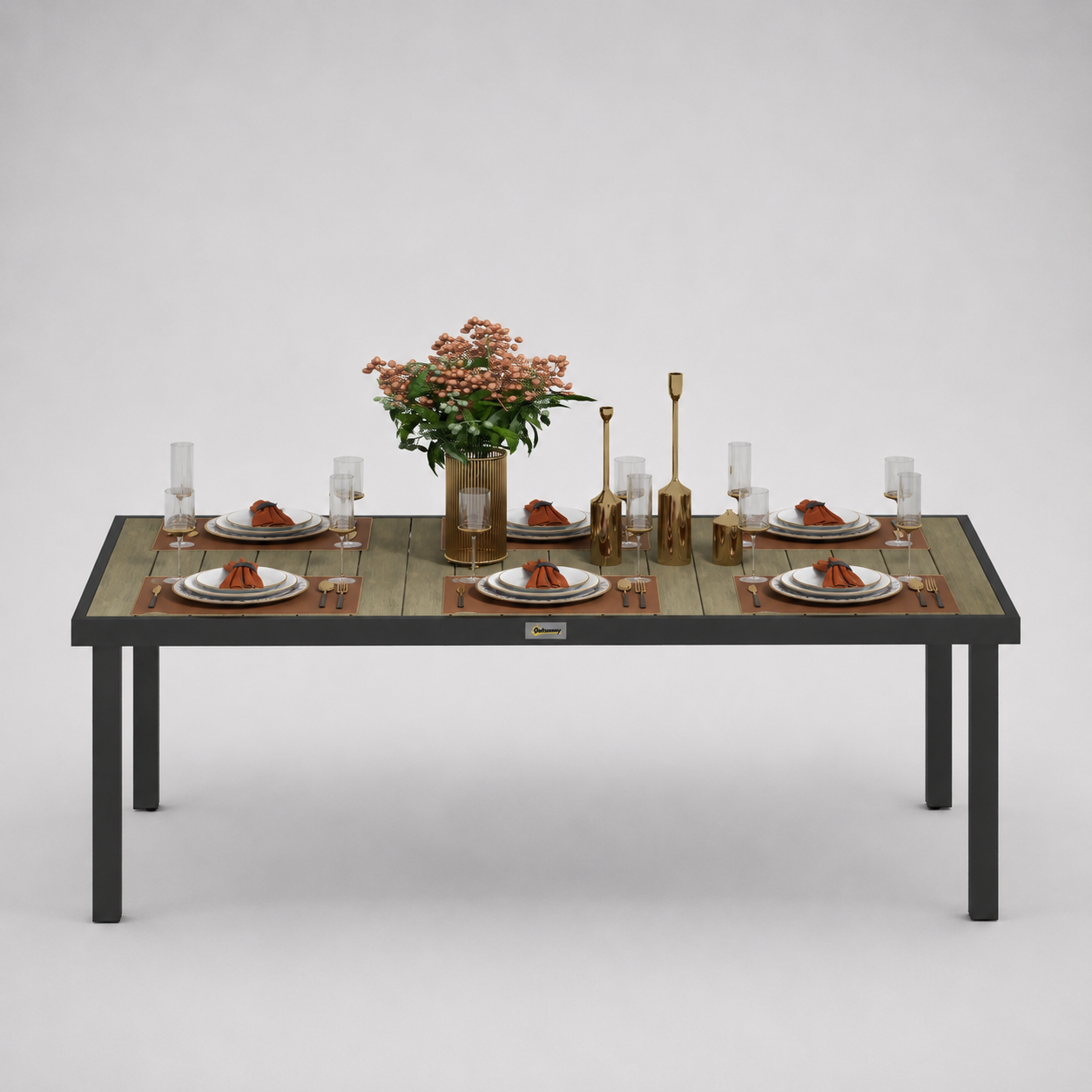 Solstice | Table de jardin en aluminium 8 personnes, effet bois naturel et noir