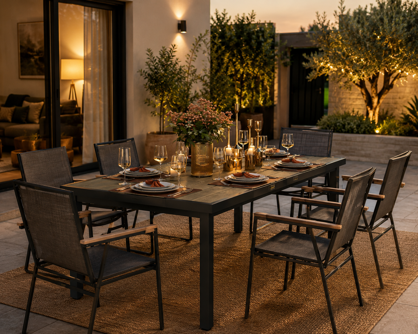 Solstice | Table de jardin en aluminium 8 personnes, effet bois naturel et noir