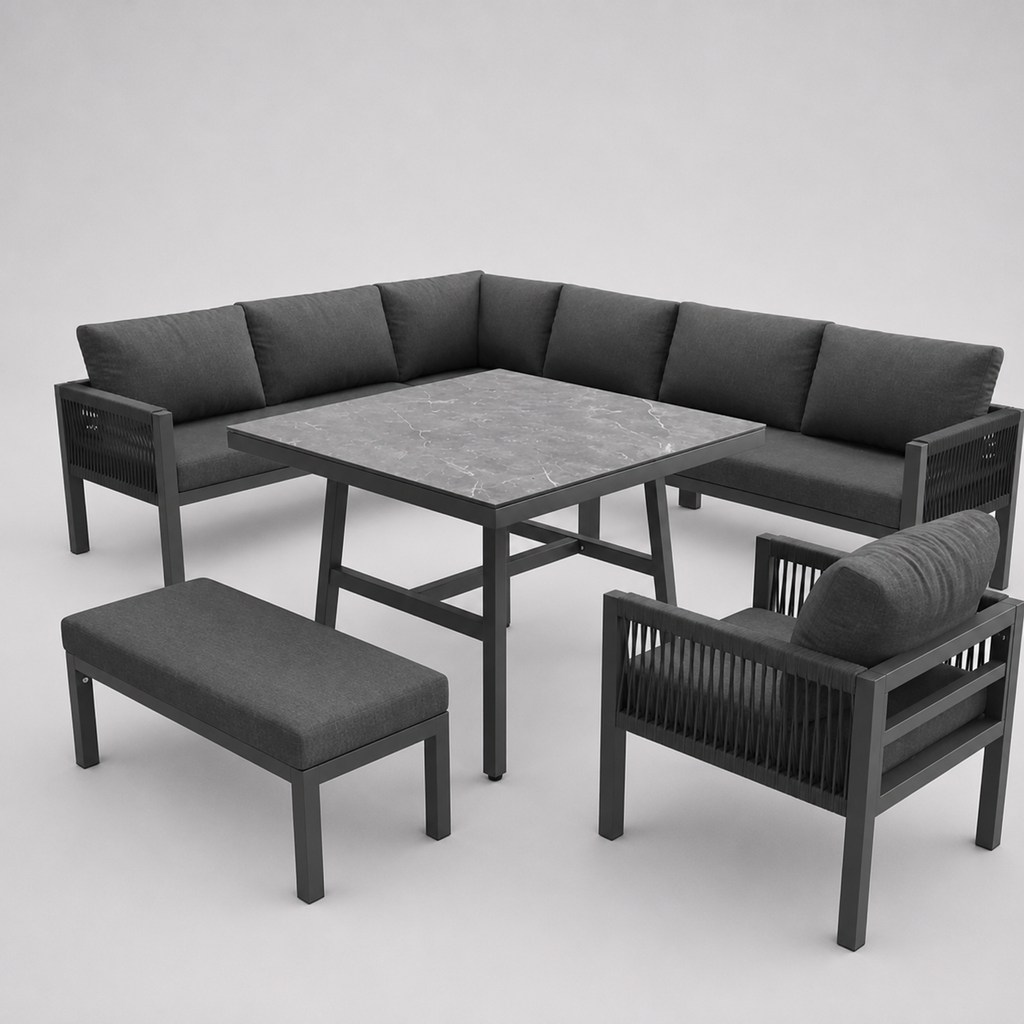 Panorama | Salon de jardin en L pour 8 personnes, coussins gris