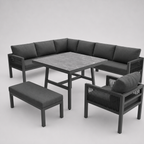 Panorama | Salon de jardin en L pour 8 personnes, coussins gris