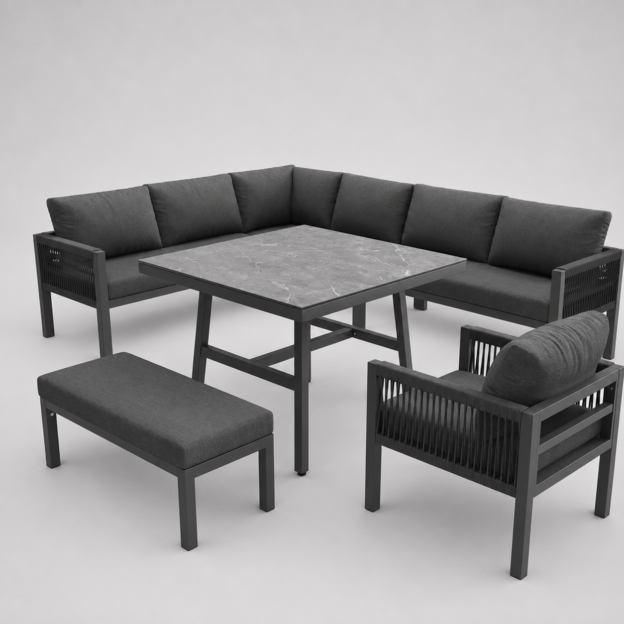 Panorama | Salon de jardin en L pour 8 personnes, coussins gris